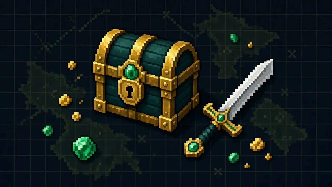 Banner decorativo stile pixel art con forziere e mappa