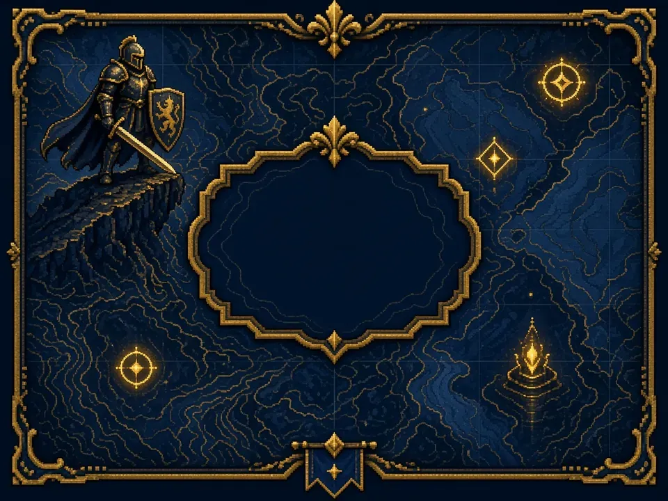 Illustrazione stile pixel art: mappa fantasy e avventuriero